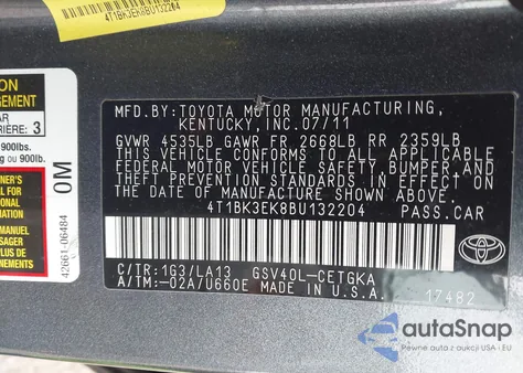 2011 Toyota Camry Xle V6 from USA, damaged, VIN 4T1BK3EK8BU132204